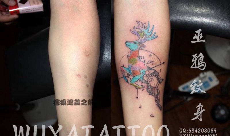 几何彩鹿花精灵纹身图片