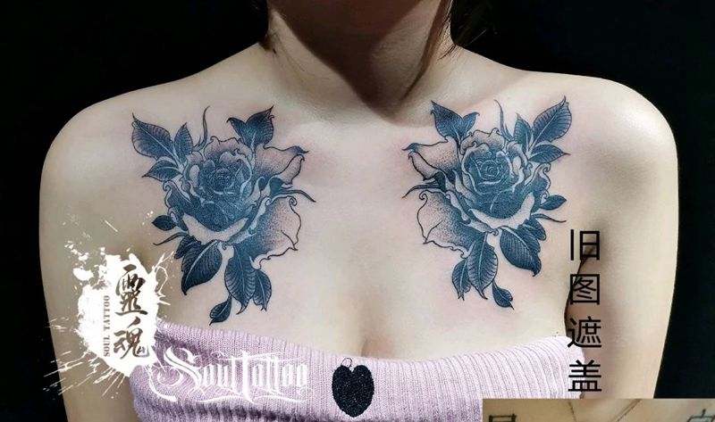 素花纹身图片_胸部纹身图案