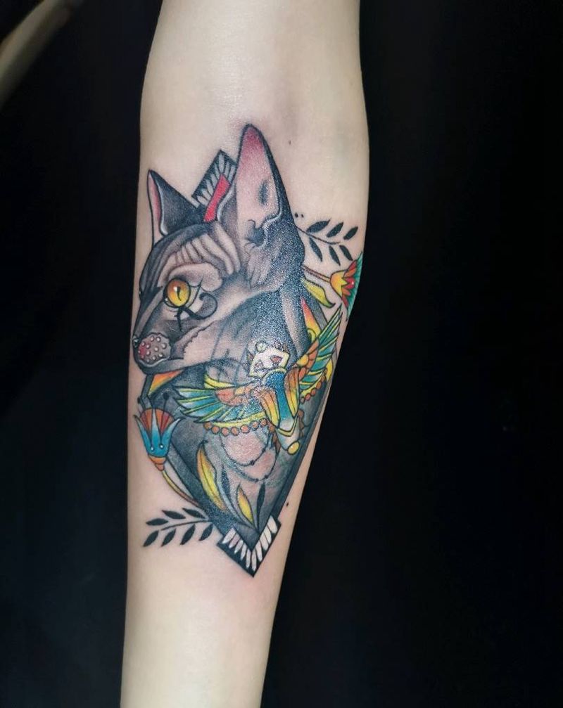 无毛猫纹身图片_手部New School无毛猫纹身图案