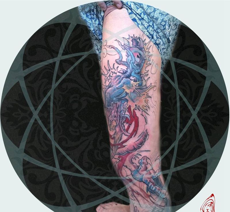 龙未完成…纹身图片_腿部老传统纹身图案