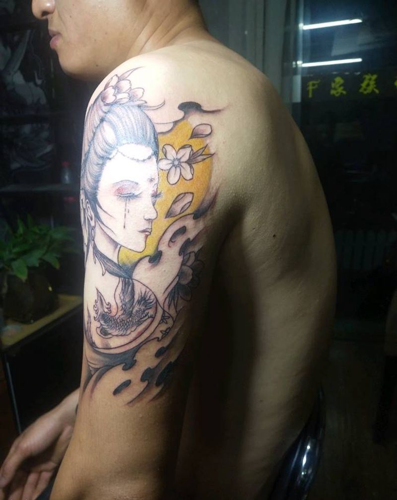 落泪艺妓纹身图片_手臂纹身图案