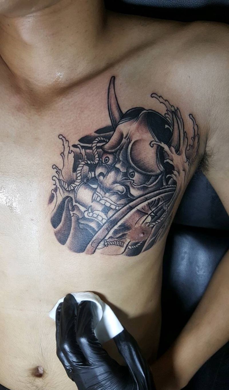 般若纹身图片_胸部传统日式般若半甲成品手稿纹身图案