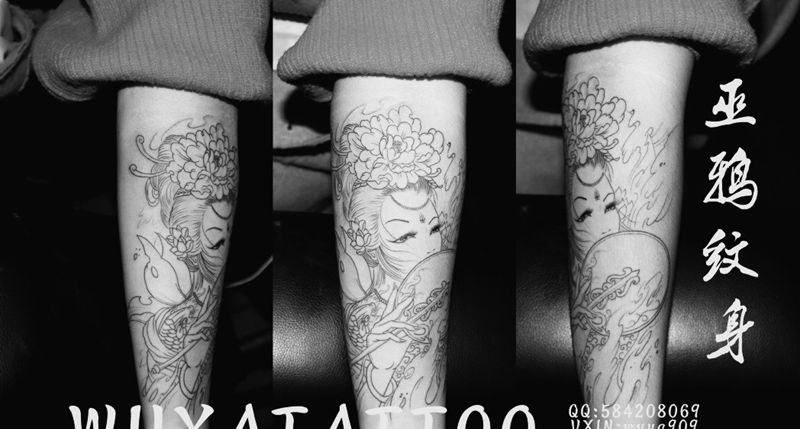 艺妓六芒玫瑰纹身图片_成品手臂手部肖像传统国画几何字符颈部植物纹身图案