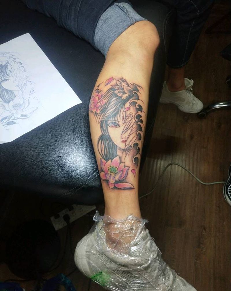 艺伎纹身图片_腿部纹身图案