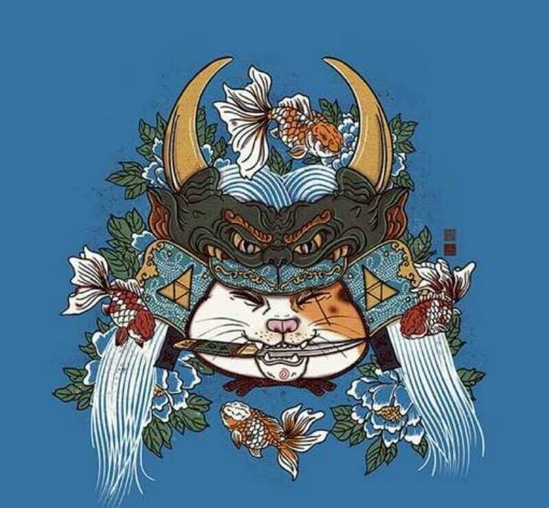 武士猫纹身图片_成品插画腿部传统动物自贡火骷髅纹身图案