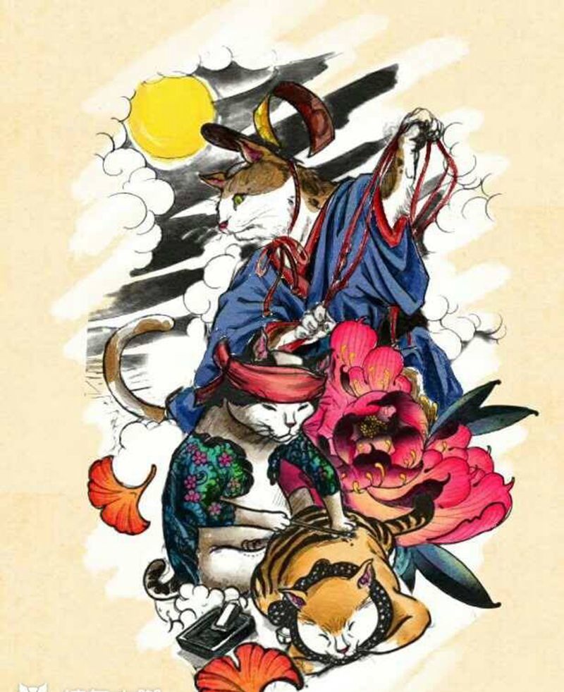 猫刺青纹身图片_成品插画手臂传统动物自贡火骷髅纹身图案