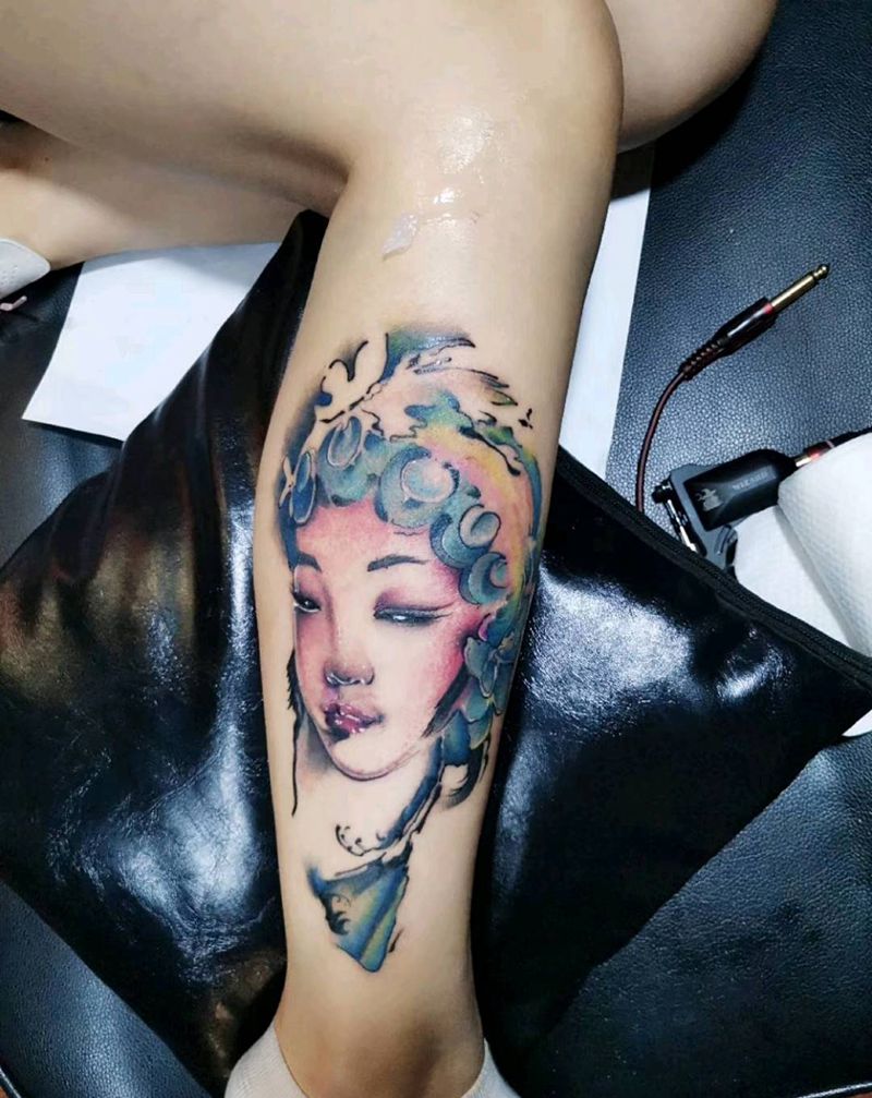 花旦纹身图片_腿部手臂欧美写实水墨花旦水彩纹身图案