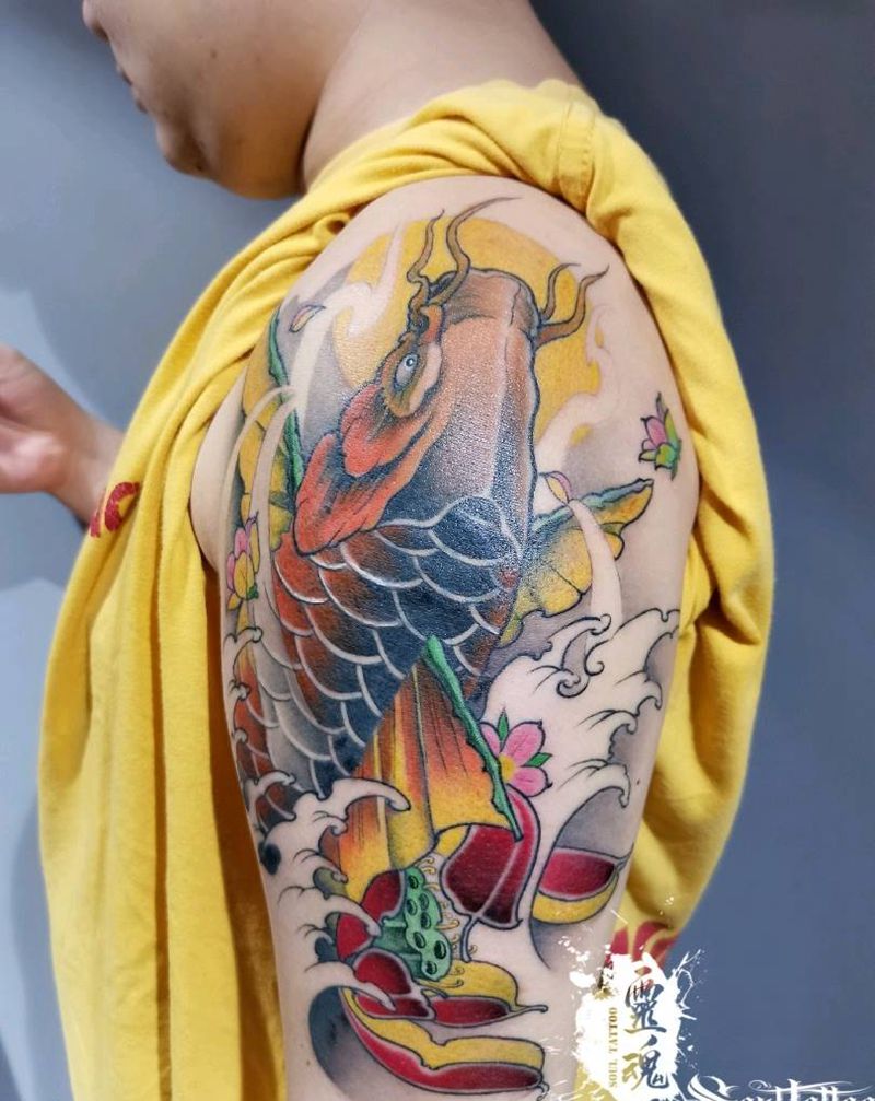 锦鲤纹身图片_手臂新传统纹身图案