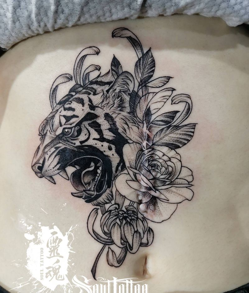 小脑虎纹身图片_腹部点刺纹身图案