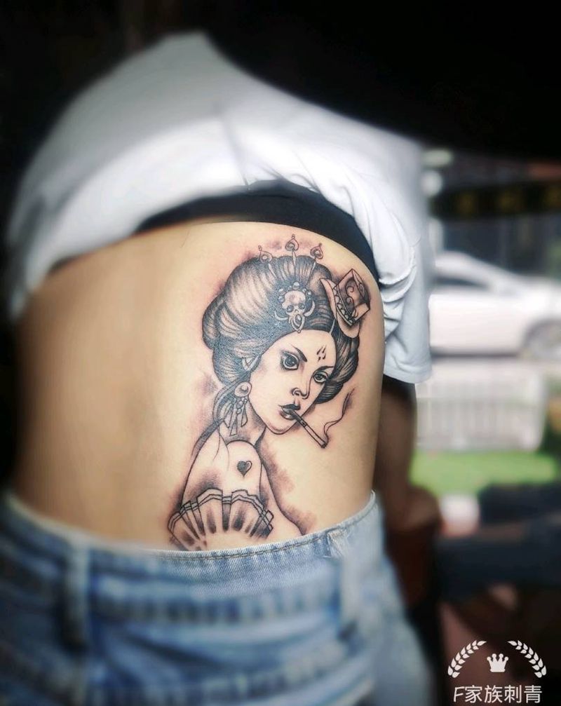 艺伎叼女纹身图片_腰部纹身图案