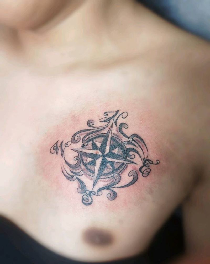 指南针纹身图片_胸部纹身图案