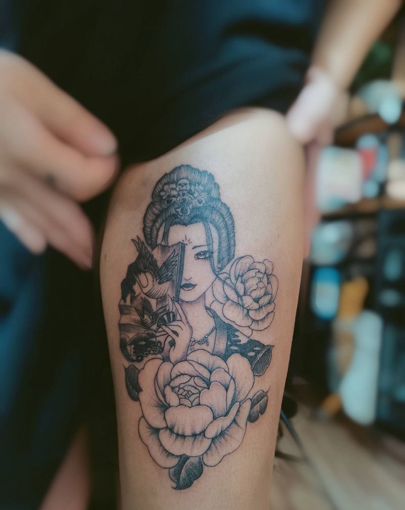 花人物纹身图片_腿部纹身图案