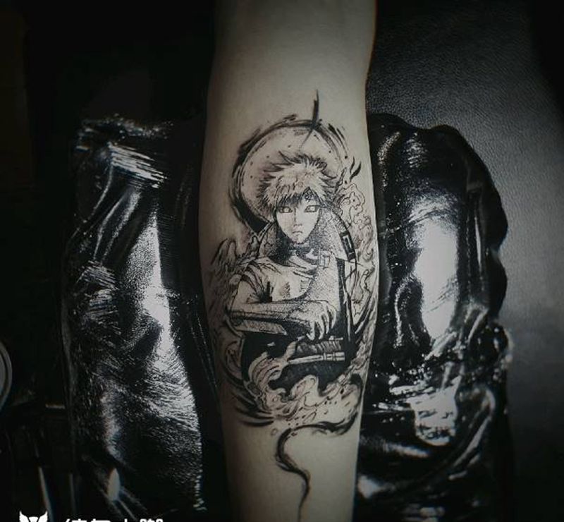 我爱罗纹身图片_腿部手部水墨点刺火影我爱罗小清新纹身图案