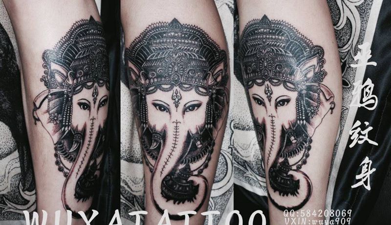 象神指南英文纹身图片_成品肩部背部腿部手臂传统动物字符几何植物纹身图案