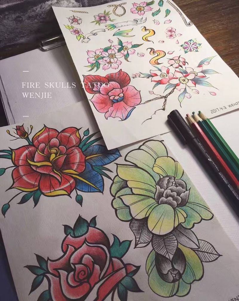 school花花花纹身图片_手稿插画植物花old school纹身图案