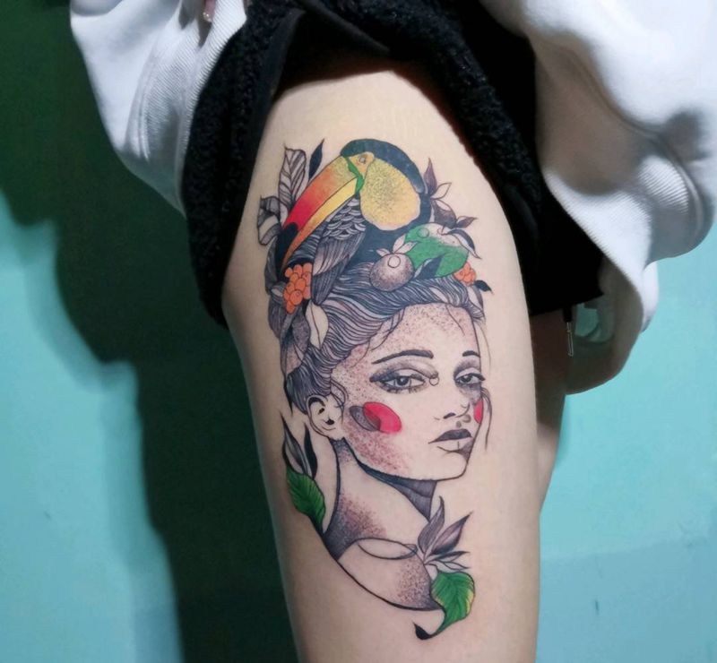 大腿纹身图片_腿部New School纹身图案