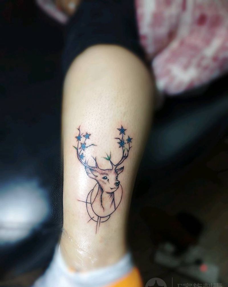 鹿纹身图片_腿部纹身图案