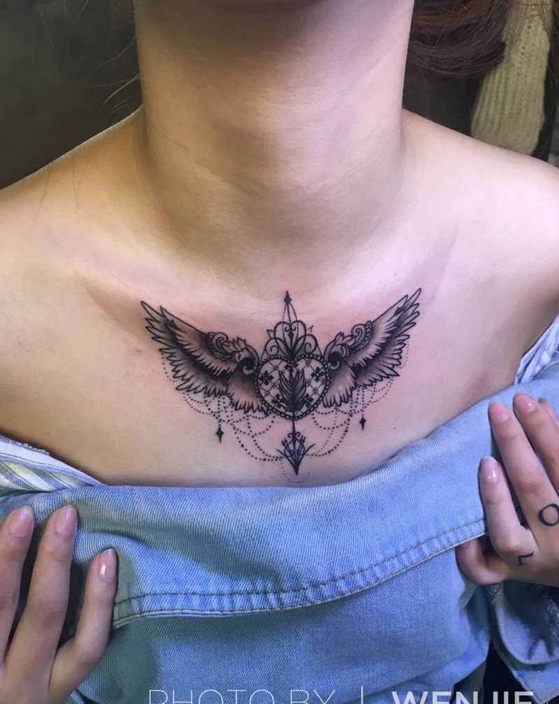 伤疤遮盖纹身图片_成品胸部清新几何遮盖火骷髅设计纹身图案