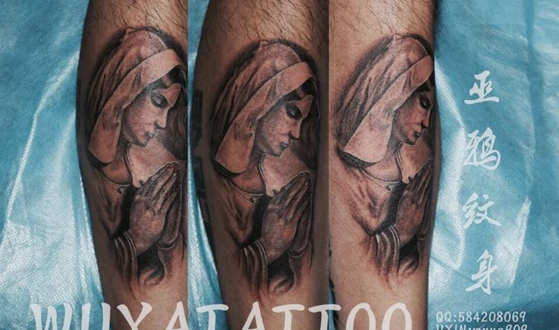 圣母汉字皇冠几何星纹身图片_成品手臂腿部背部腰部欧美肖像字符几何清新纹身图案