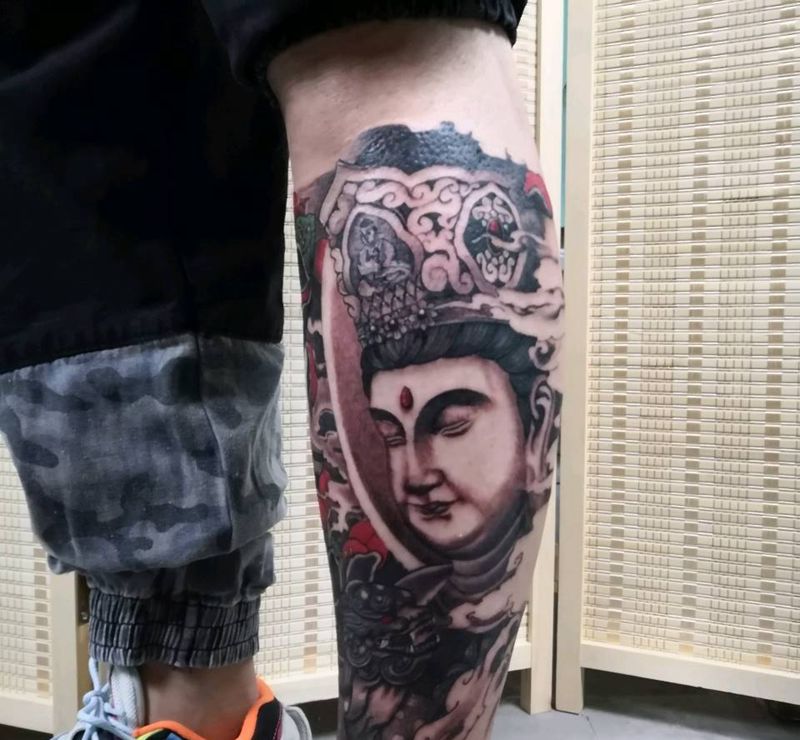 菩提纹身图片_腿部新传统纹身图案