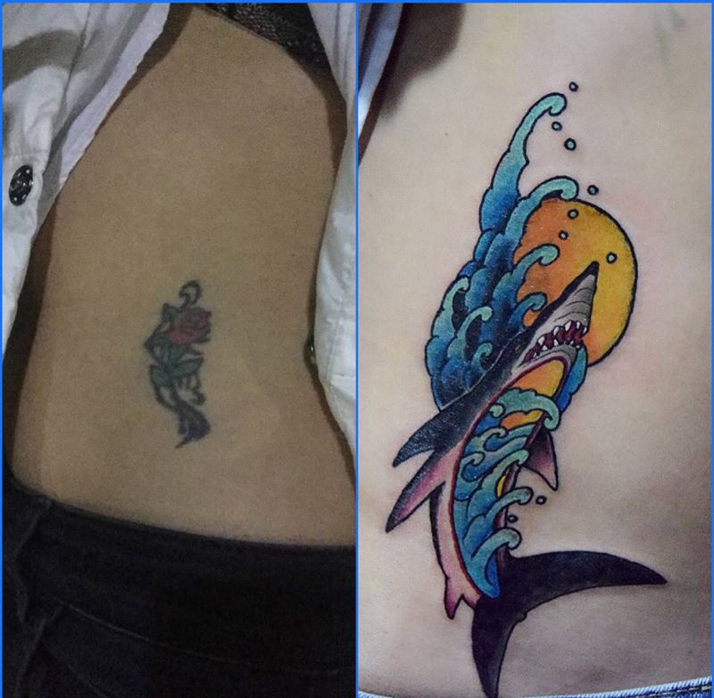 遮盖，白浪掀天鲨，旭日东升游纹身图片