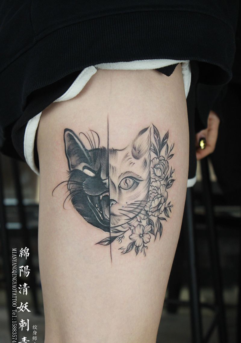 猫纹身图片_腿部脚部纹身图案