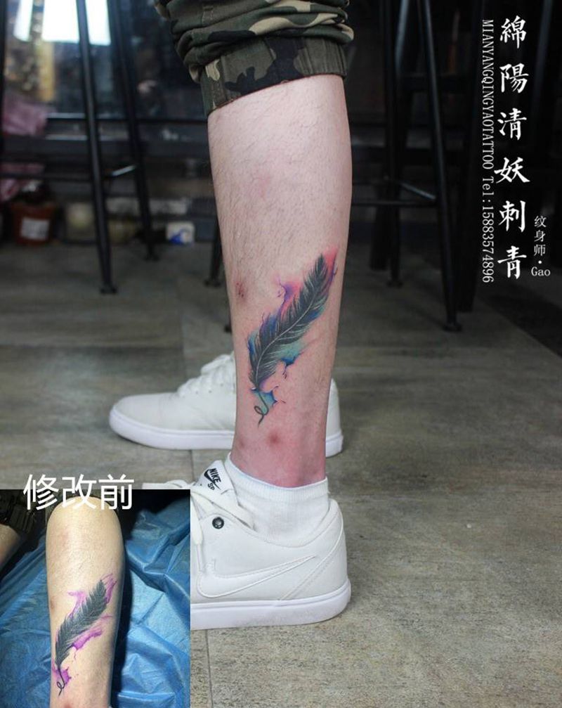 羽毛纹身图片_腿部纹身图案