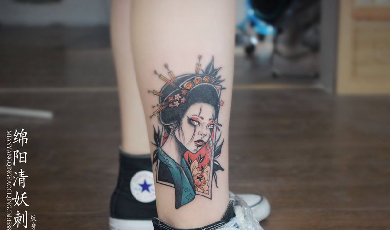 艺伎纹身图片_手部腿部Old School纹身图案