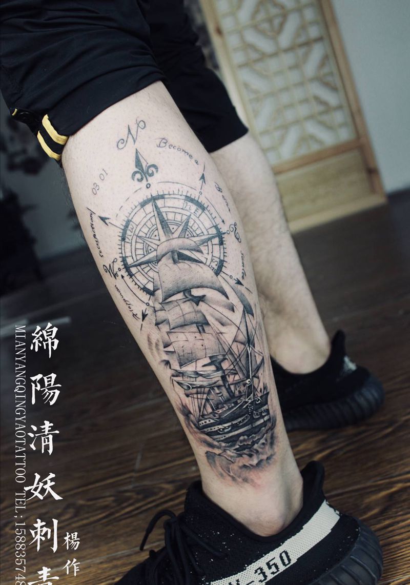 帆船纹身图片_手部腿部欧美写实纹身图案
