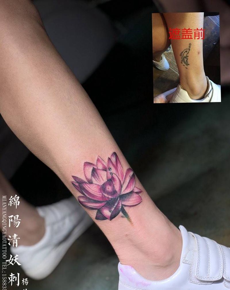 小腿荷花遮盖纹身 店长-杨作品纹身图片