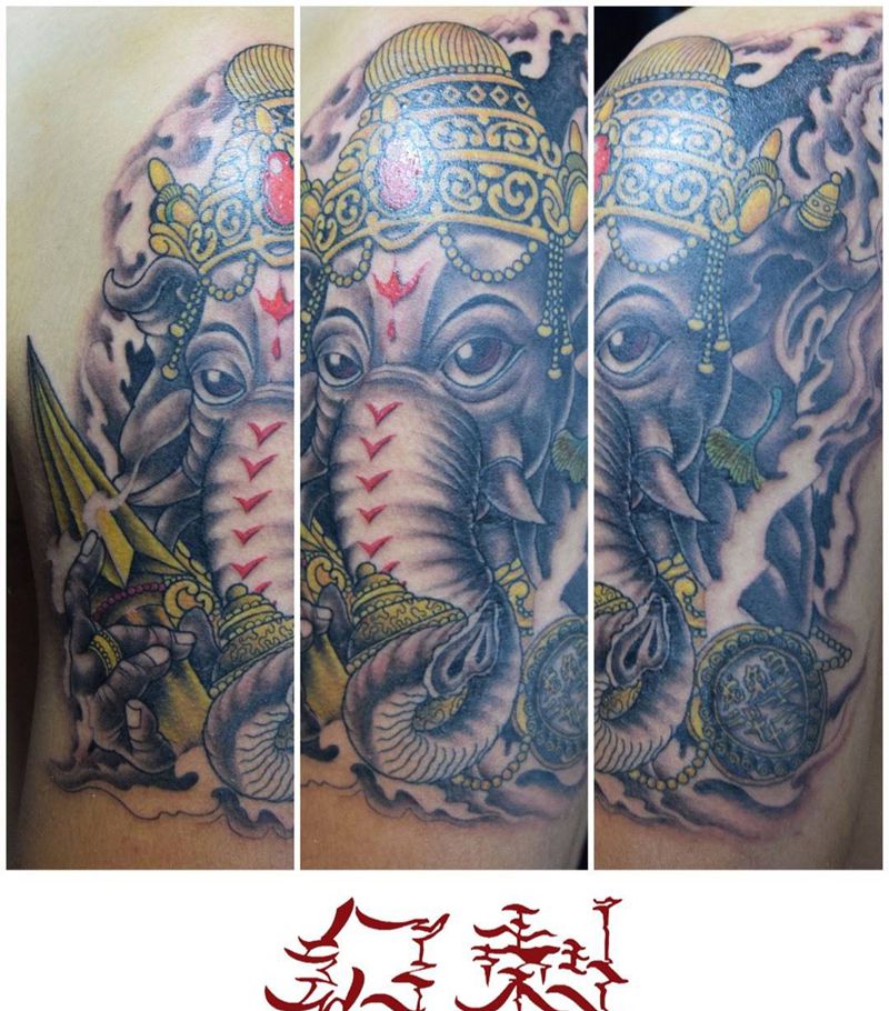 新传统象神纹身图片