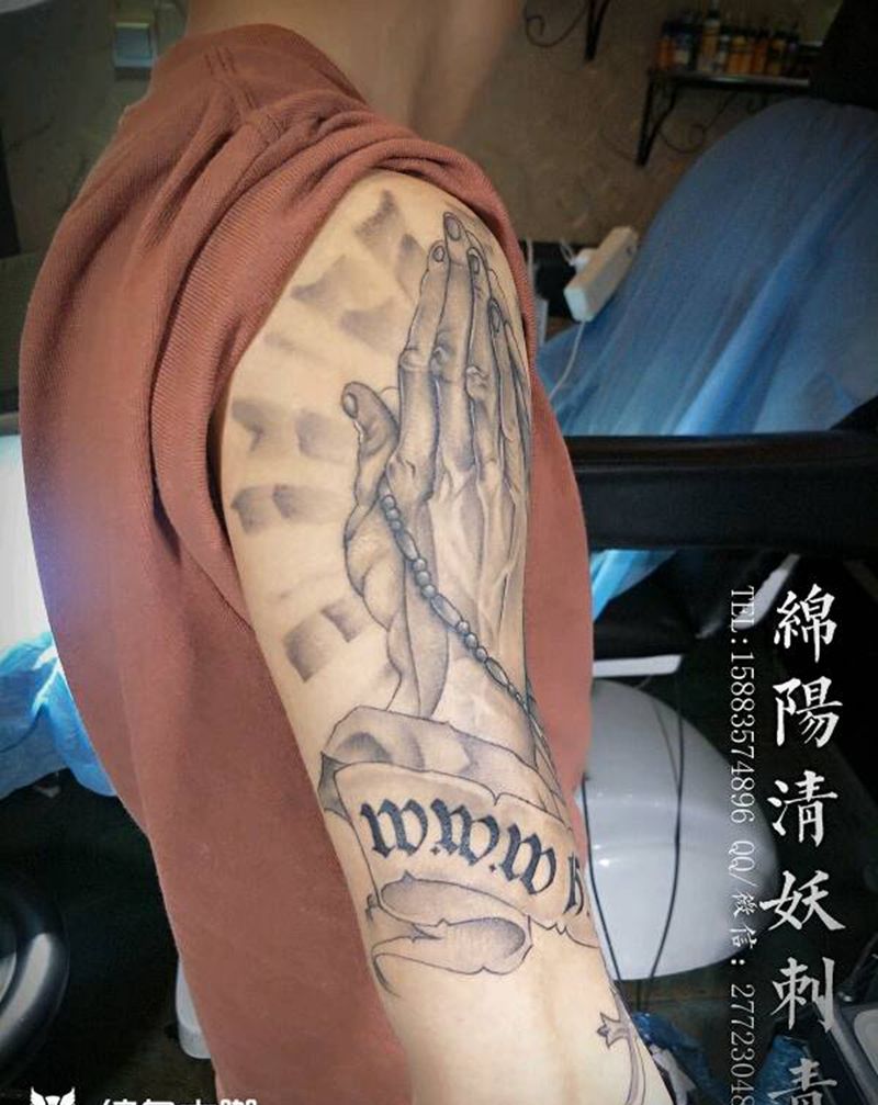 花臂纹身，祈祷之手，象神纹身，纹身图片