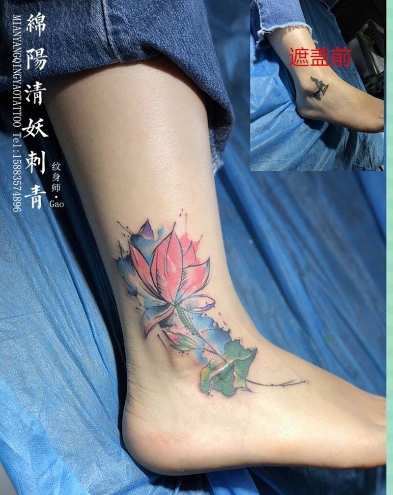 脚裸水彩莲花遮盖纹身  高作品纹身图片