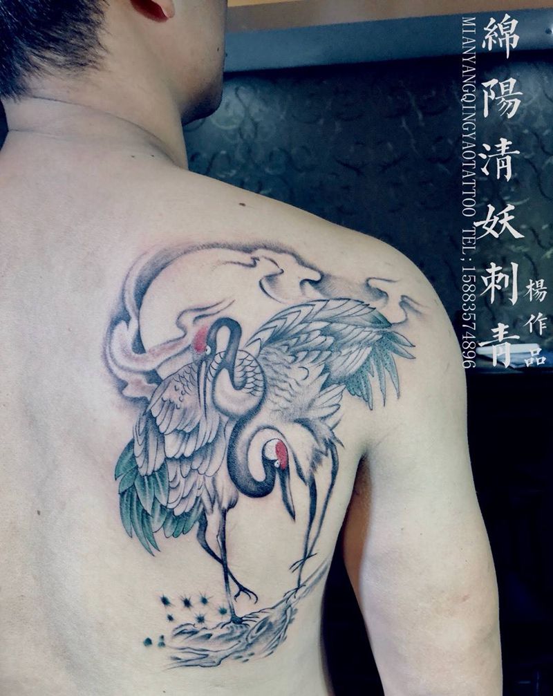 仙鹤问路，纹身图片_肩部纹身图案