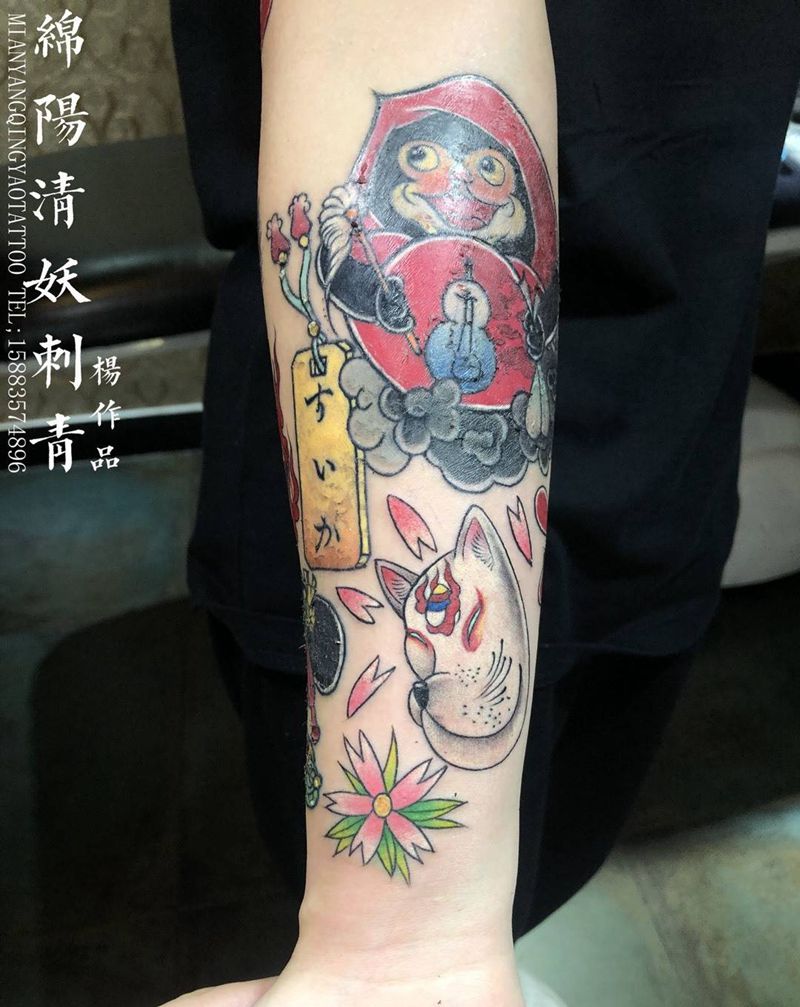 肉日式樱花，钱袋纹身，这个花臂有点酷 店长-杨作品纹身图片