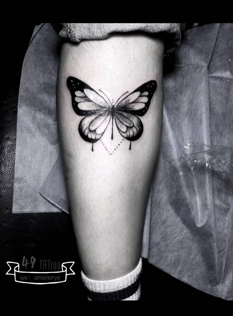 庄周梦蝶一只疤痕遮盖纹身图片_腿部New School纹身图案