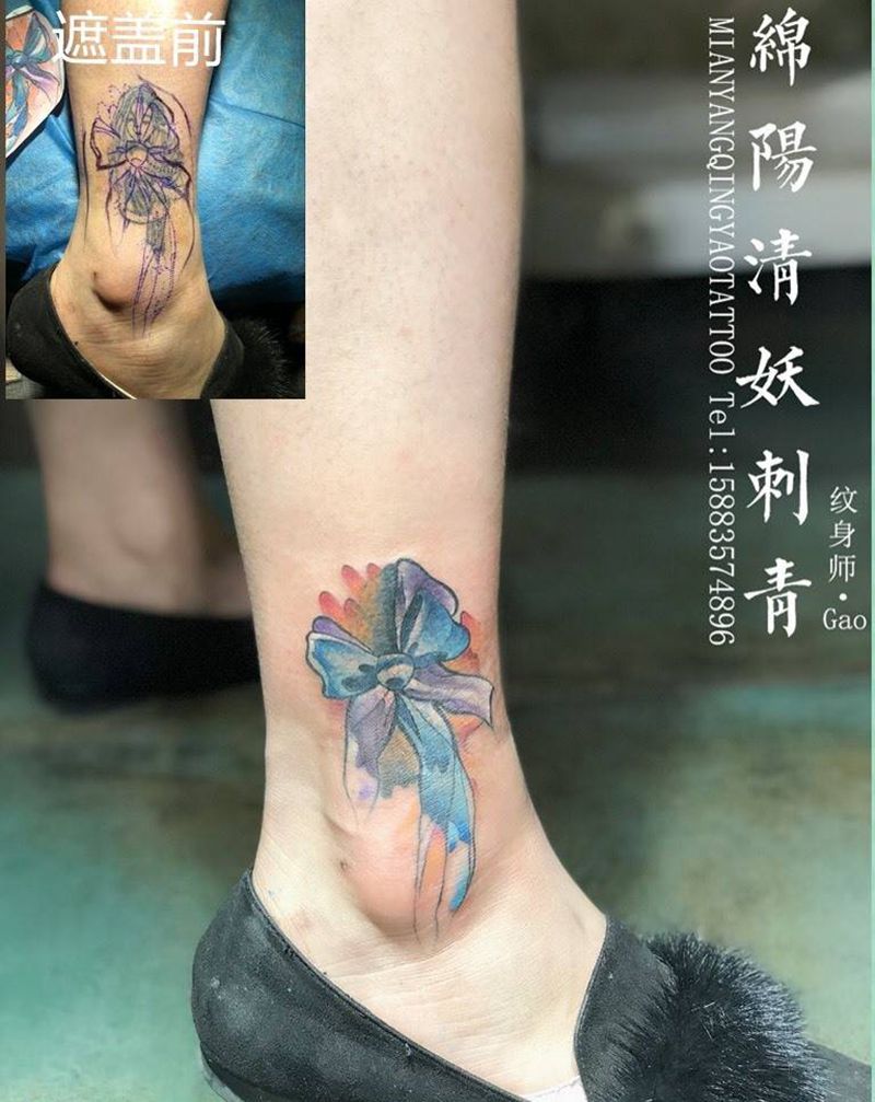 小腿蝴蝶结遮盖纹身高作品纹身图片