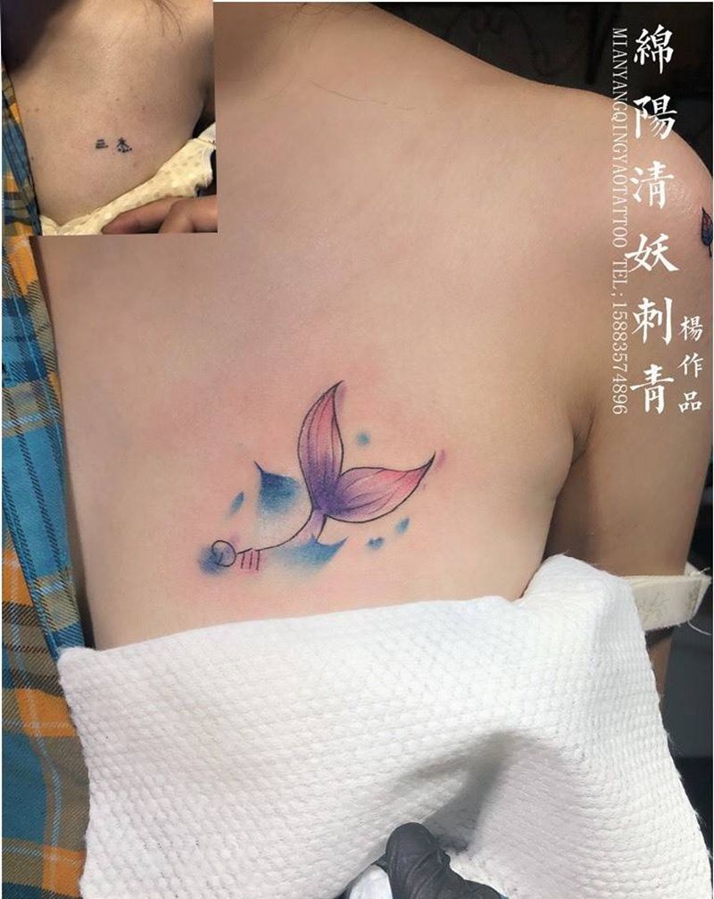 鱼尾遮盖 小清新树叶纹身纹身图片