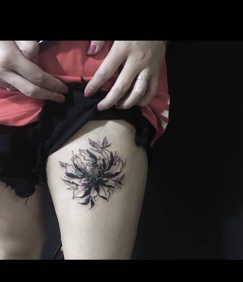 牡丹纹身图片_腿部Old School牡丹纹身图案