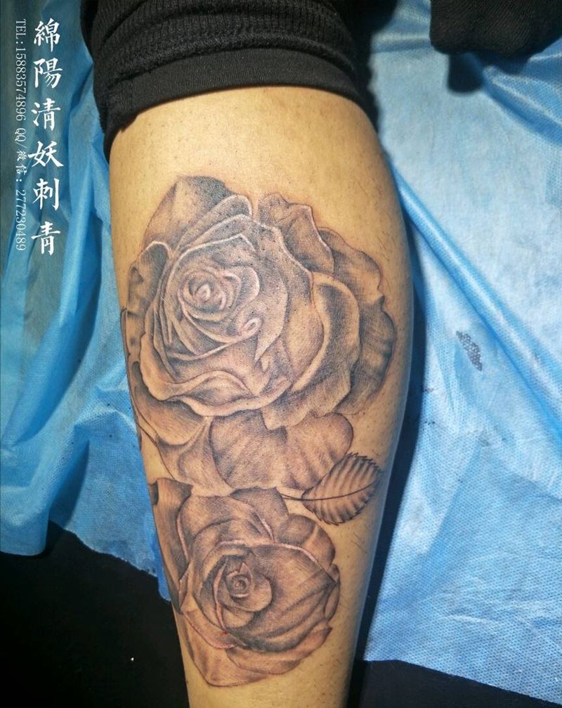 黑灰玫瑰纹身纹身图片_肩部胸部背部手部脚部欧美国画几何纹身图案