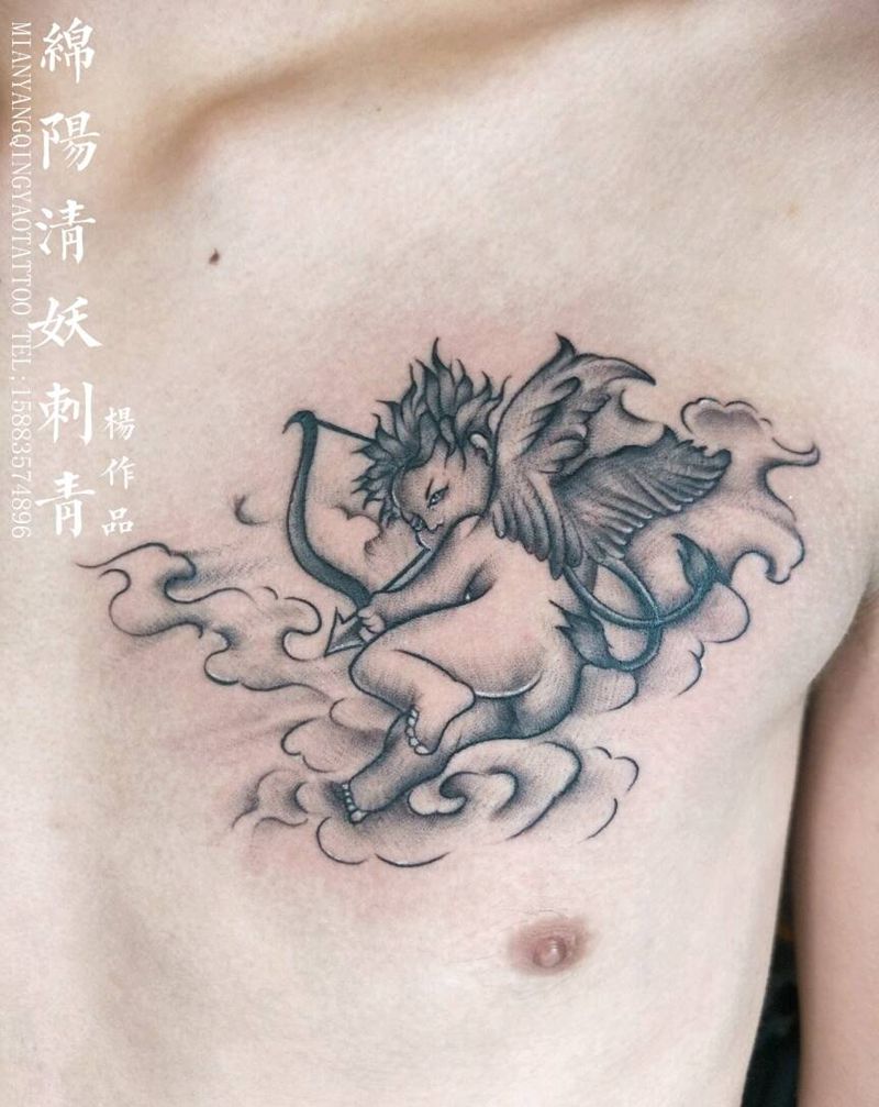 丘比特纹身，象征着一箭倾心❤纹身图片_肩部胸部腰部背部臀部欧美传统习俗国画贴纸纹身图案