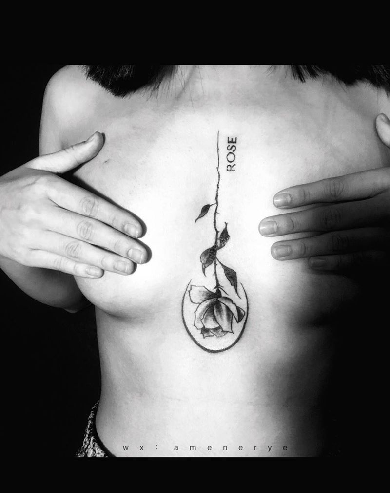 Rose纹身图片_腹部胸部欧美写实Old School玫瑰纹身图案