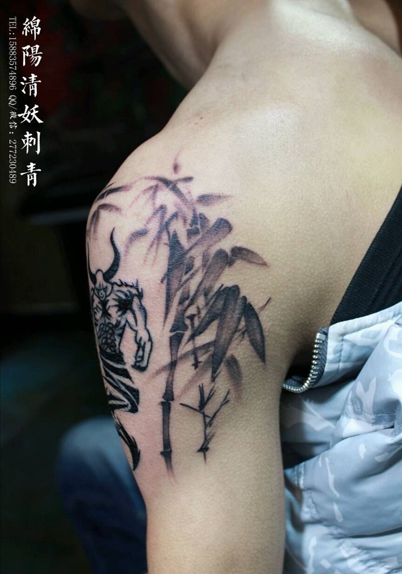 竹子纹身纹身图片_手臂腿部欧美国画几何纹身图案