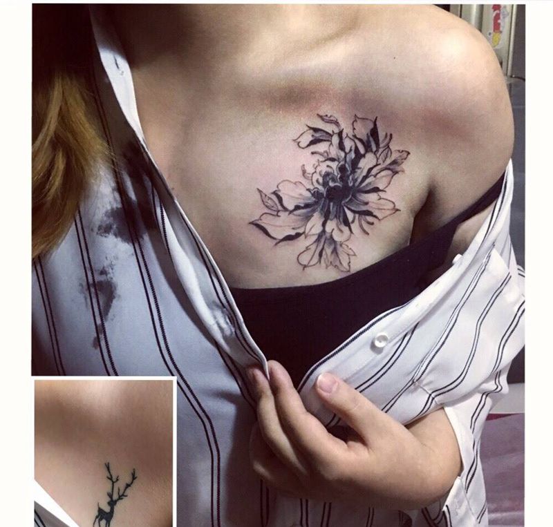 遮盖纹身图片_成品胸部传统植物牡丹纹身图案