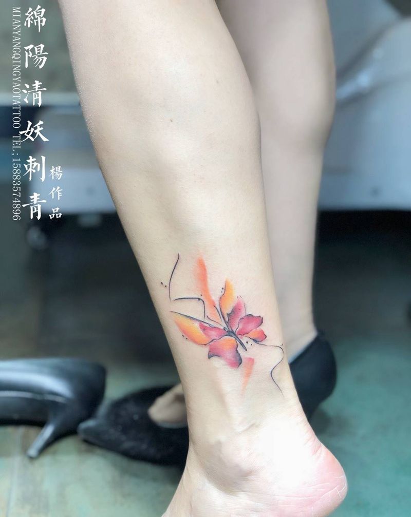 脚裸水彩蝴蝶小清新纹身 杨作品纹身图片