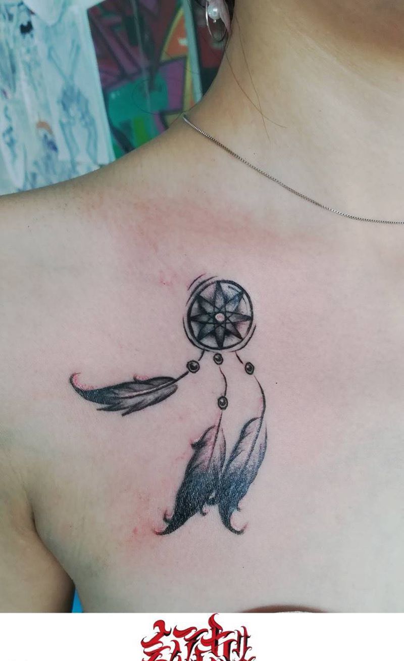 遮盖纹身捕梦网纹身图片_胸部原创静物清新纹身图案