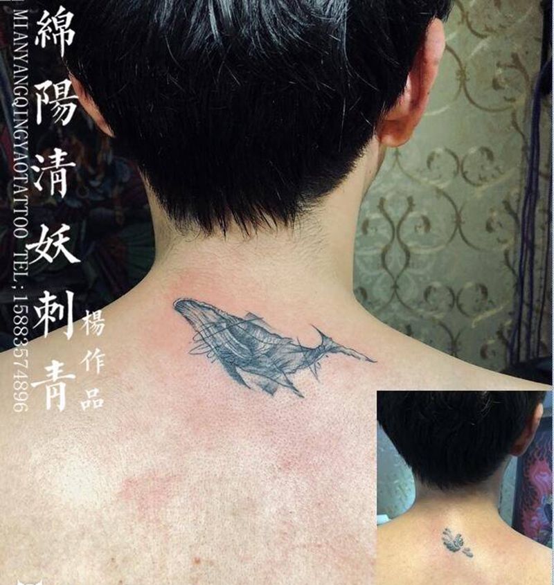 鲸鱼纹身遮盖纹身图片_人物腿部贴纸纹身图案