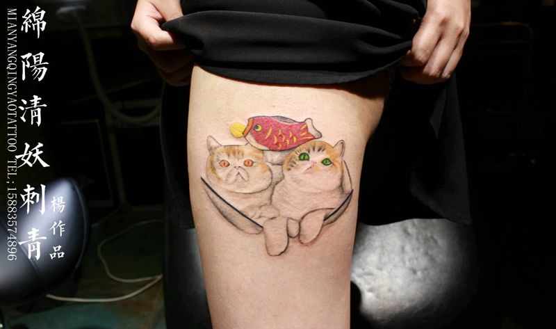 猫咪纹身纹身图片_颈部腹部腿部脚部习俗清新写实纹身图案