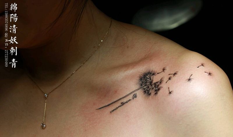 蒲公英纹身图片_肩部清新字符植物鬼神纹身图案