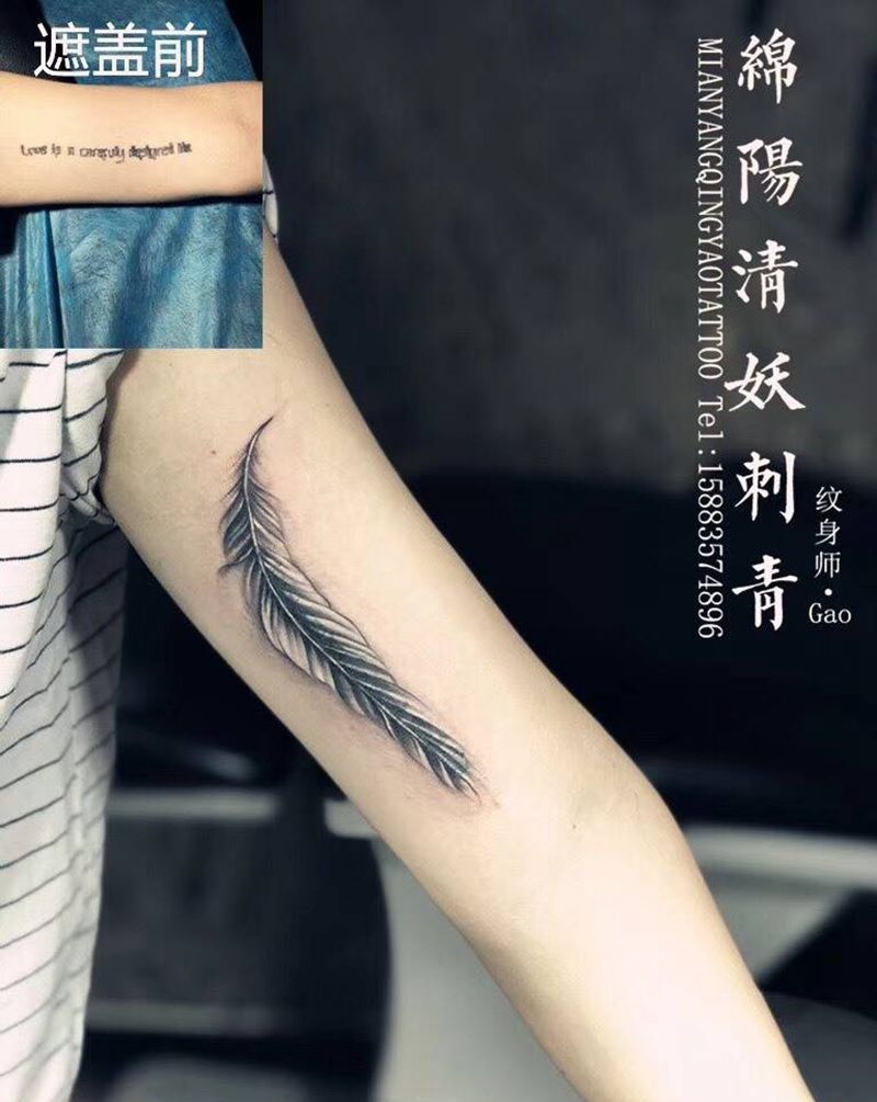 大臂内侧羽毛遮盖纹身 高作品纹身图片